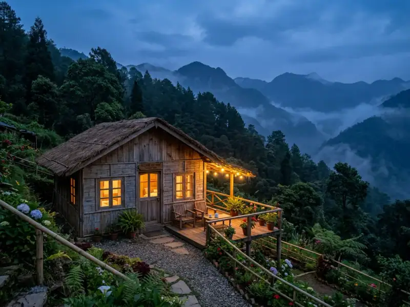 Illustrative homestay cottage in the hills