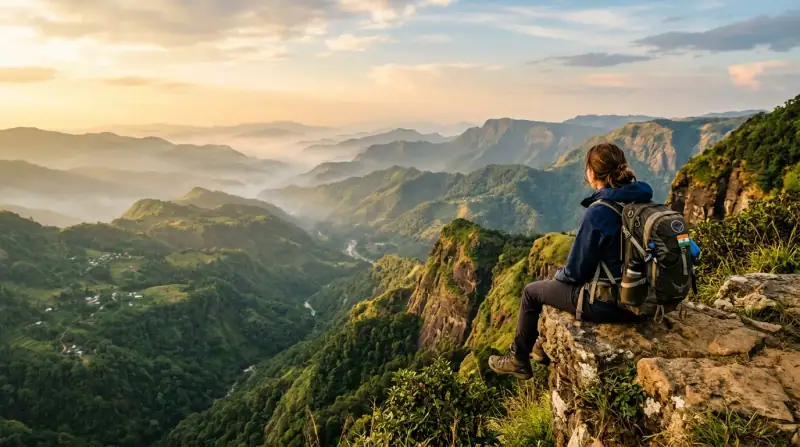 Traveller looking out over misty valleys in Meghalaya